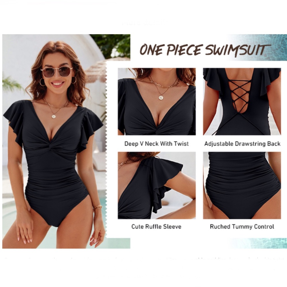 Blooming Jelly V-Neck Lace-Up Back Ruffle Sleeve Swimsuit - Picture 5 of 13